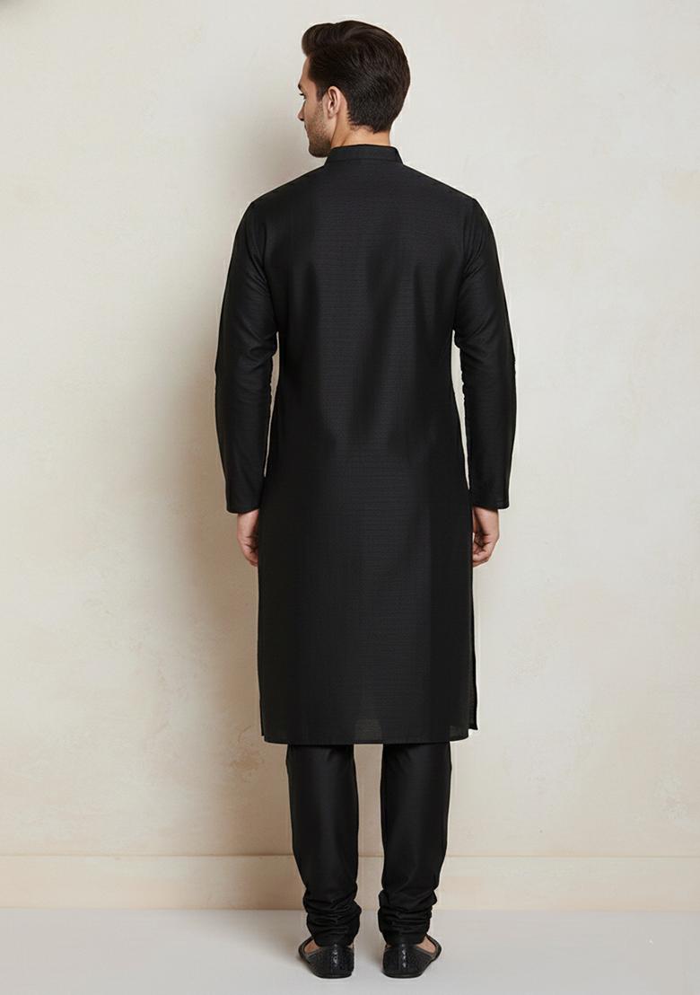 Black Embroidery Cotton Kurta Set For Men - Indya