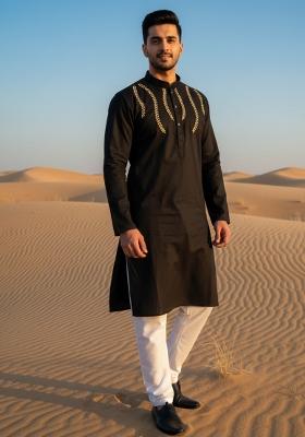 Black Embroidery Cotton Kurta Set For Men