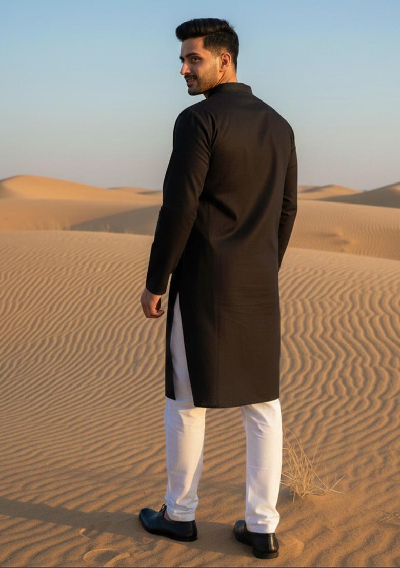 Black Embroidery Cotton Kurta Set For Men - Indya