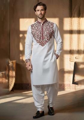 White Embroidery Cotton Kurta Set For Men