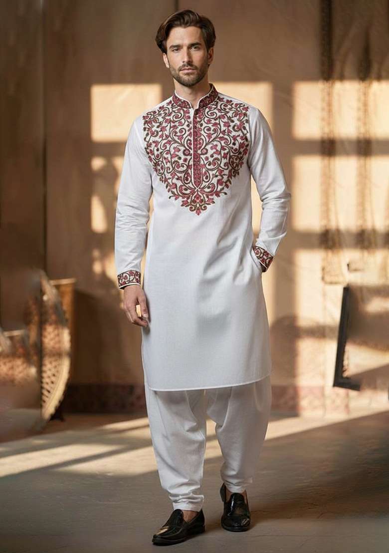White Embroidery Cotton Kurta Set For Men - Indya