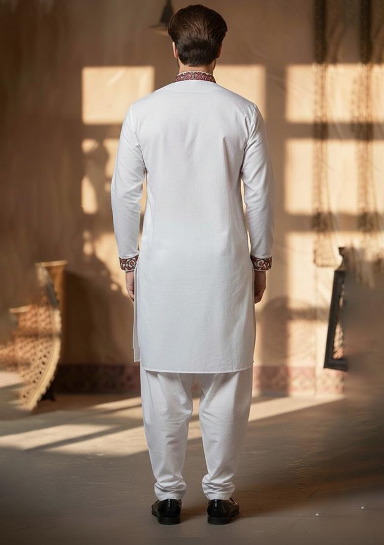 White Embroidery Cotton Kurta Set For Men - Indya