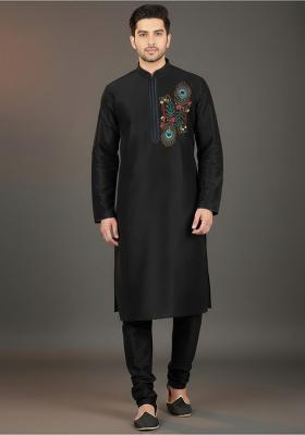 Black Embroidery Silk Kurta Set For Men