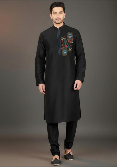 Black Embroidery Silk Blend Kurta Set For Men