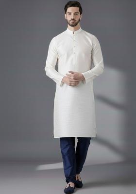 White Embroidery Silk Kurta Set For Men