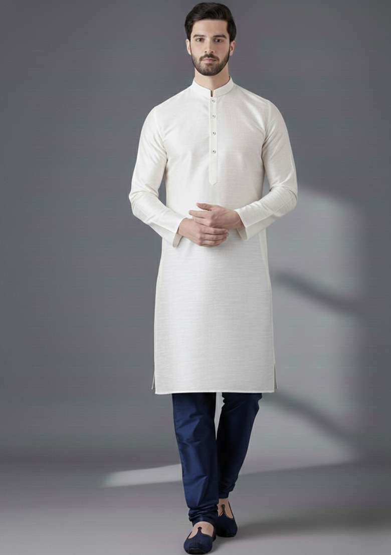 White Embroidery Silk Blend Kurta Set For Men - Indya