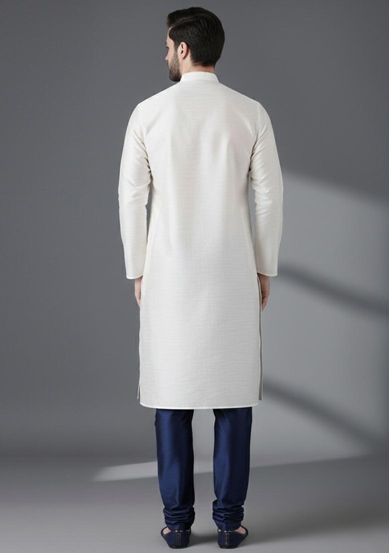 White Embroidery Silk Kurta Set For Men - Indya