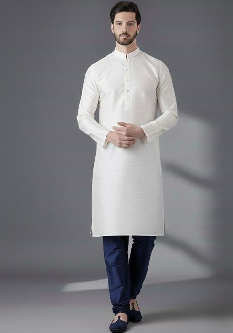 White Embroidery Silk Kurta Set For Men