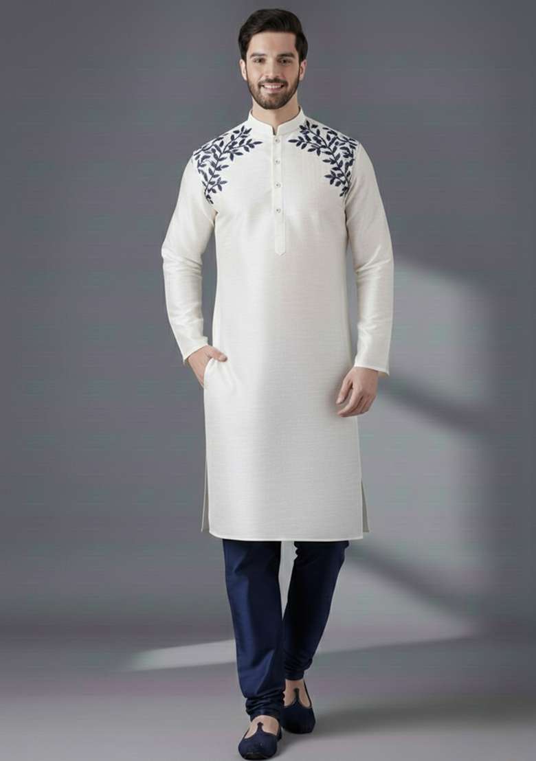 White Embroidery Silk Blend Kurta Set For Men - Indya