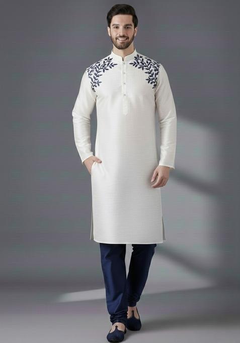 White Embroidery Silk Kurta Set For Men