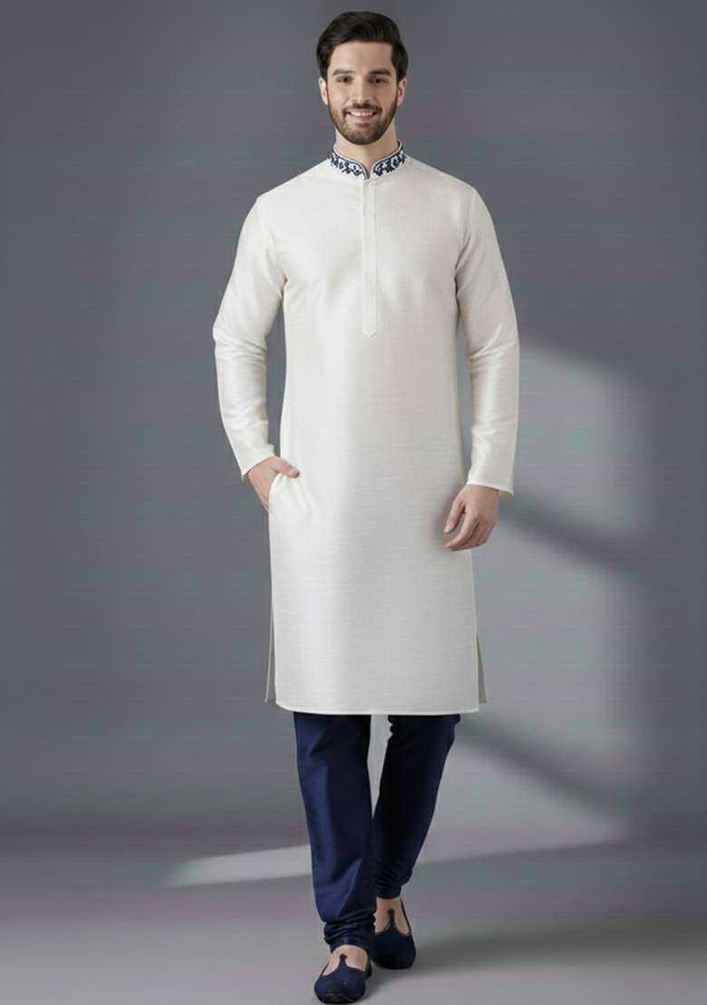 White Embroidery Silk Blend Kurta Set For Men - Indya