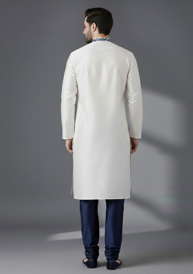 White Embroidery Silk Kurta Set For Men - Indya