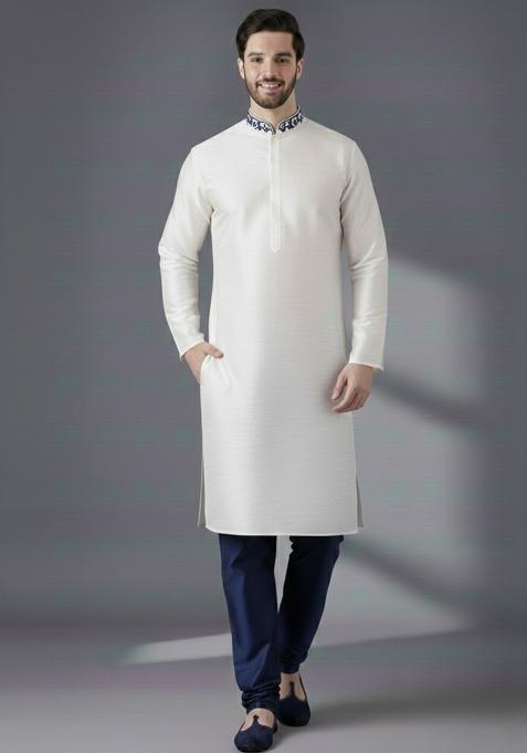 White Embroidery Silk Kurta Set For Men