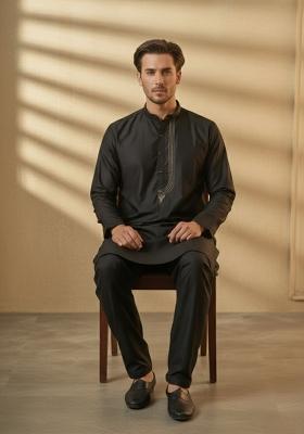 Black Embroidery Cotton Kurta Set For Men