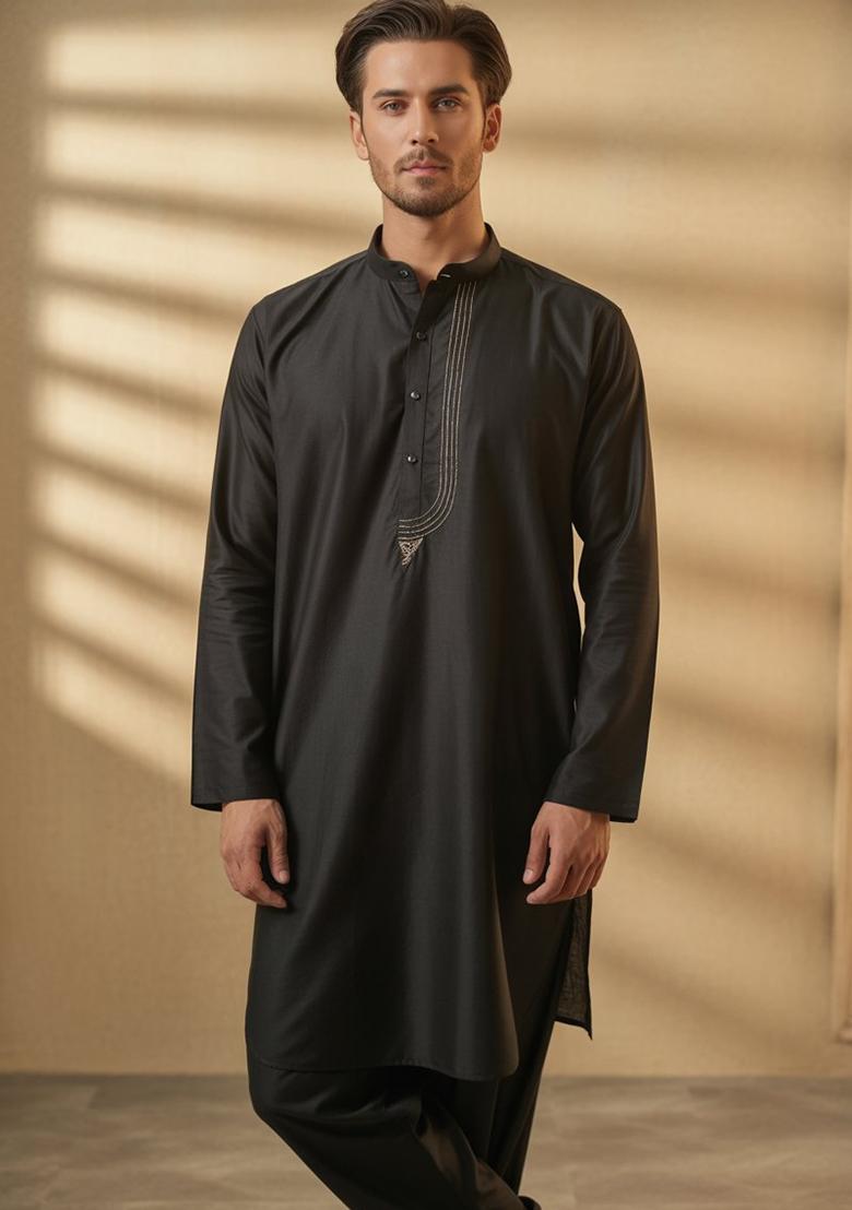 Black Embroidery Cotton Kurta Set For Men - Indya