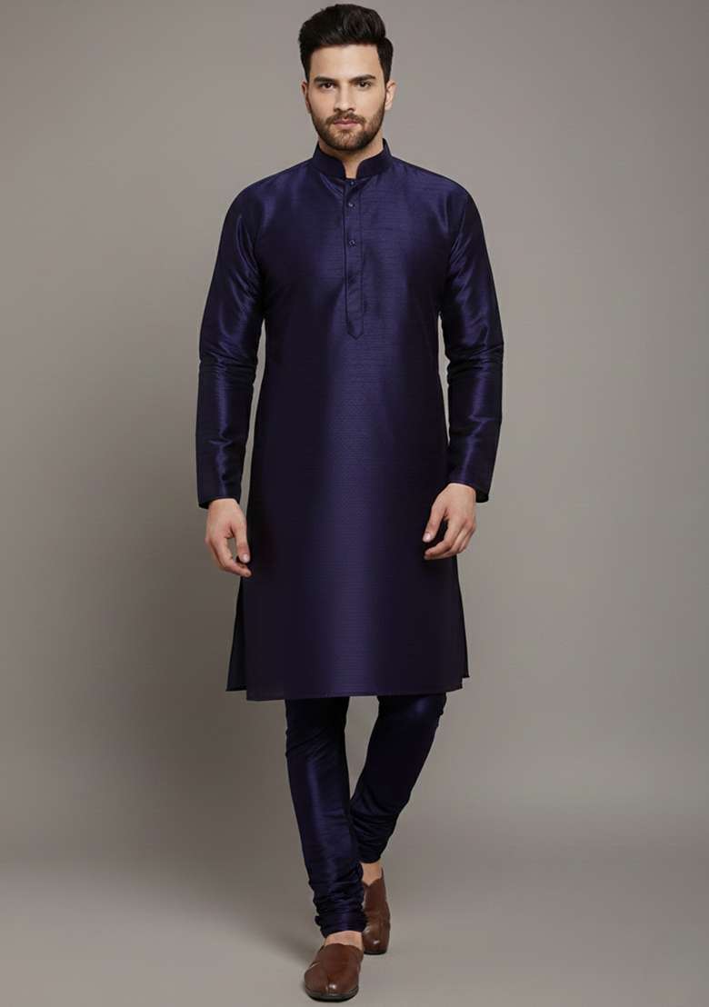 Navy Blue Embroidery Silk Blend Kurta Set For Men - Indya