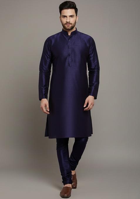 Navy Blue Embroidery Silk Kurta Set For Men