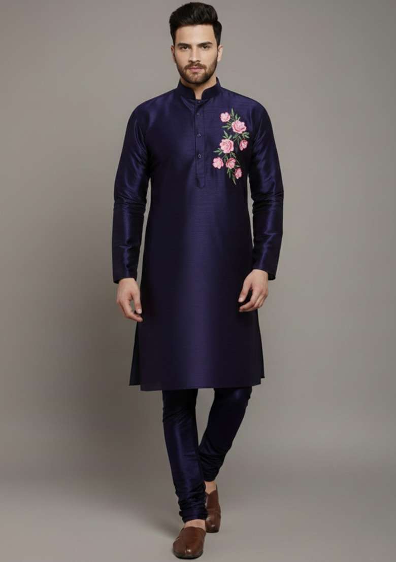Navy Blue Embroidery Silk Blend Kurta Set For Men - Indya
