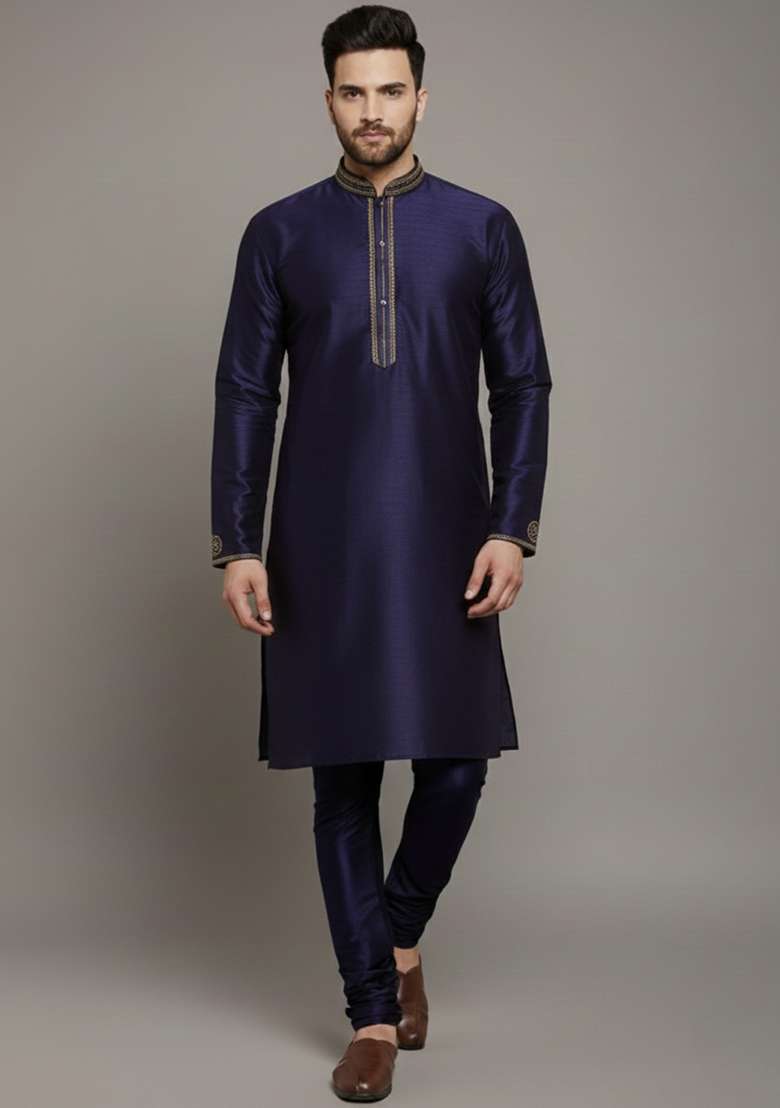 Navy Blue Embroidery Silk Blend Kurta Set For Men - Indya