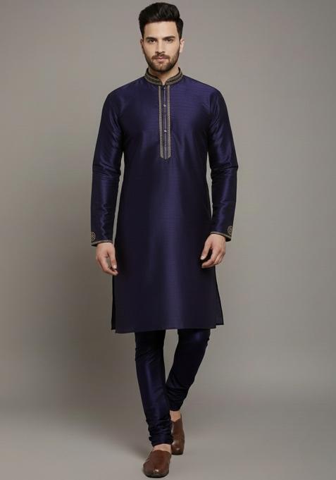 Navy Blue Embroidery Silk Kurta Set For Men