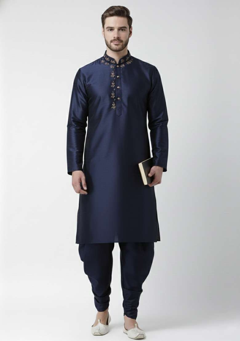 Navy Blue Embroidery Silk Blend Kurta Set For Men - Indya
