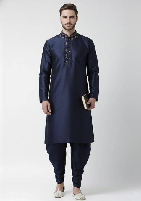 Navy Blue Embroidery Silk Kurta Set For Men