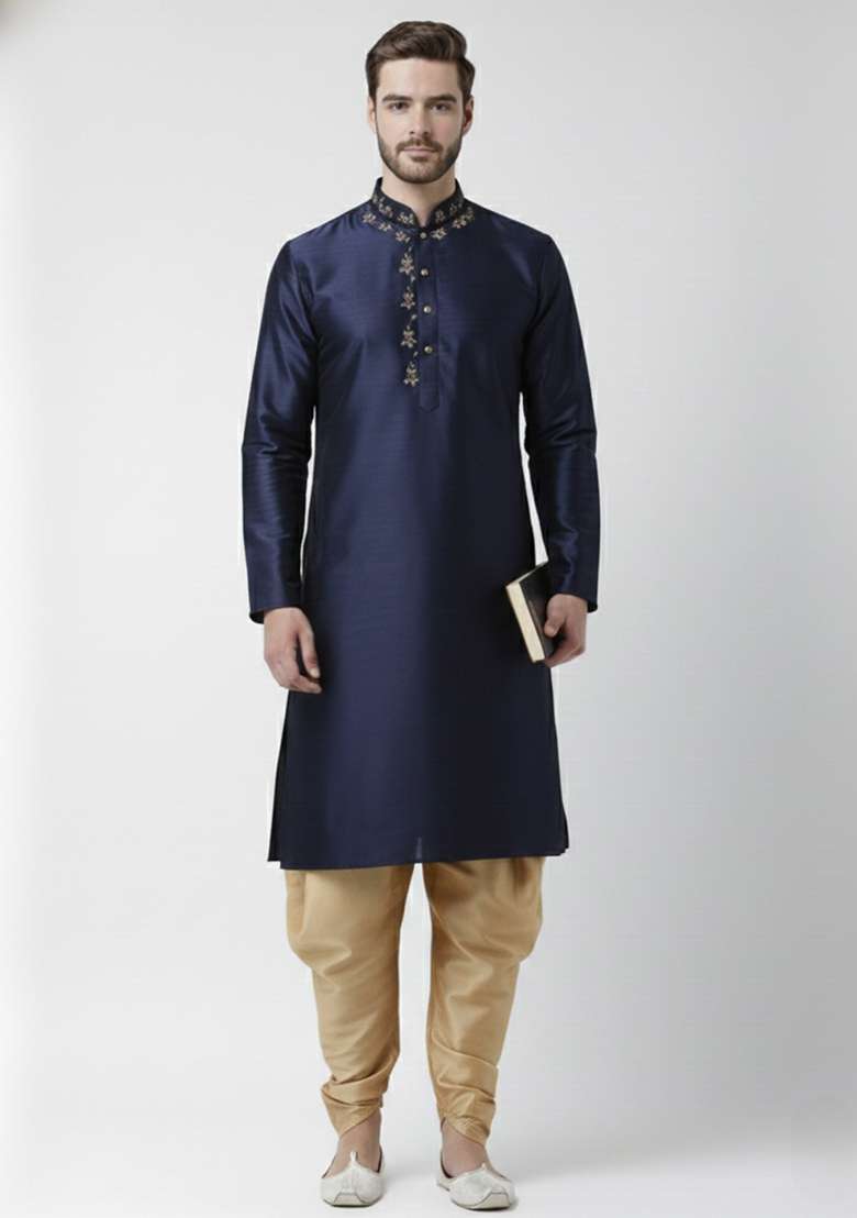 Navy Blue Embroidery Silk Blend Kurta Set For Men - Indya