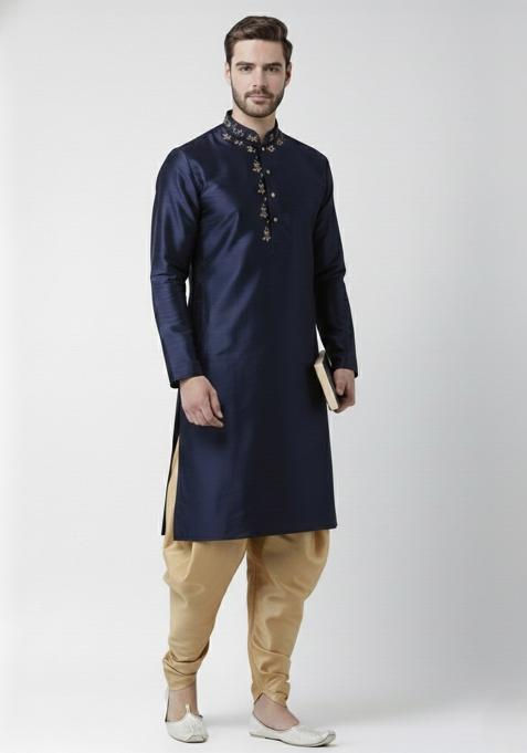 Navy Blue Embroidery Silk Kurta Set For Men