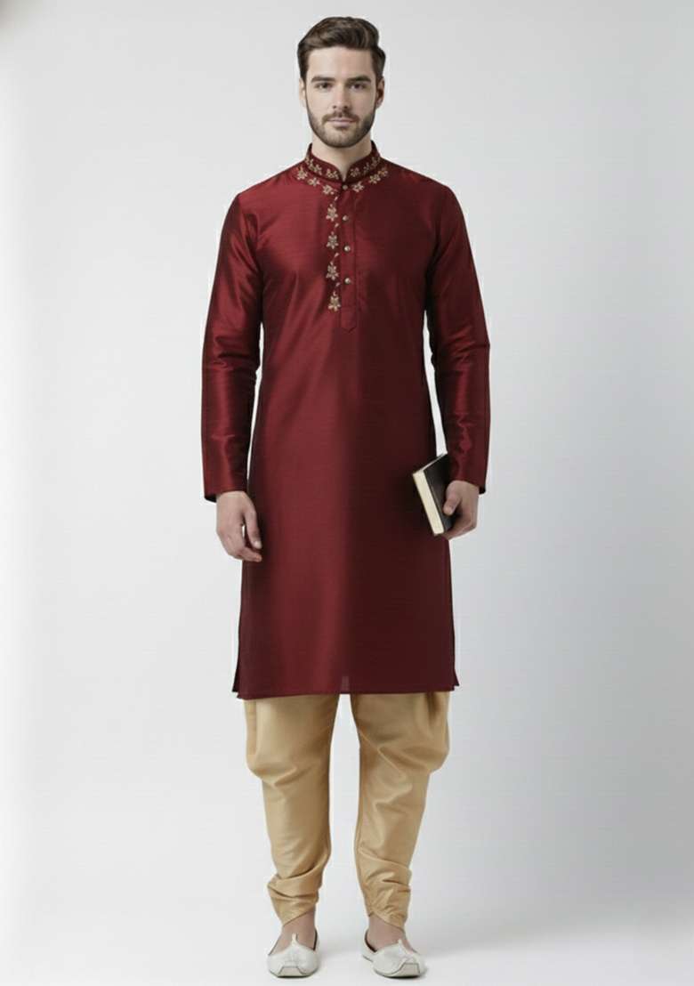 Maroon Embroidery Silk Blend Kurta Set For Men - Indya