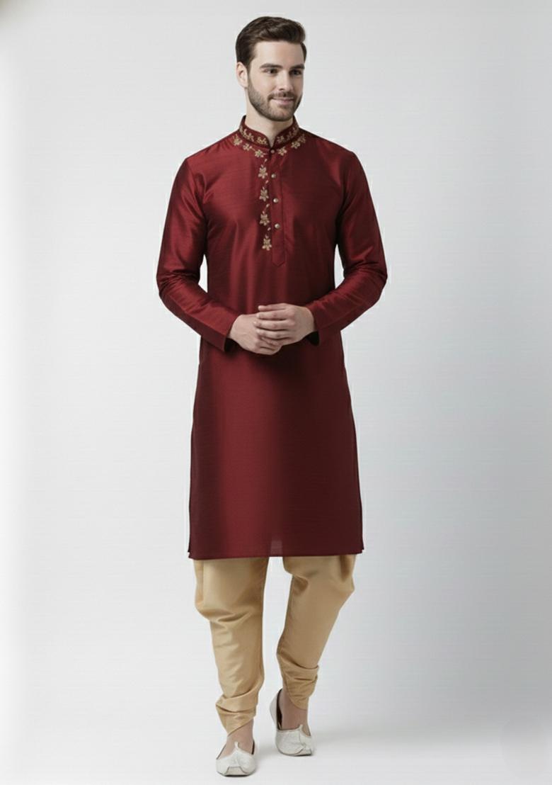 Maroon Embroidery Silk Kurta Set For Men - Indya