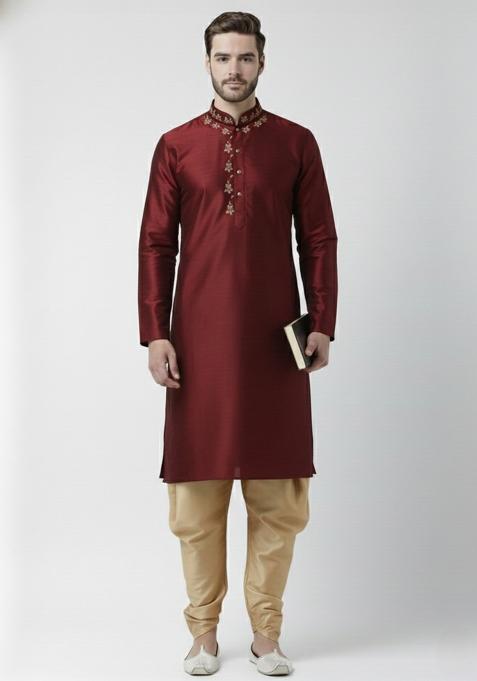 Maroon Embroidery Silk Kurta Set For Men