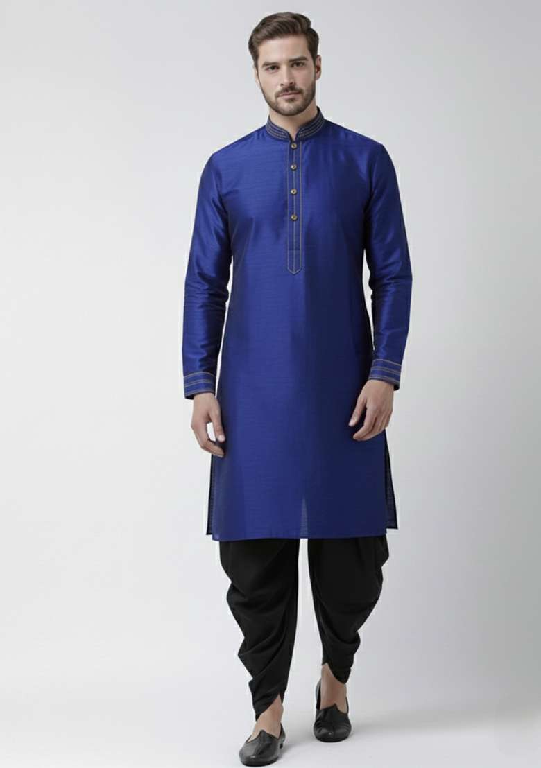 Royal Blue Embroidery Silk Blend Kurta Set For Men - Indya