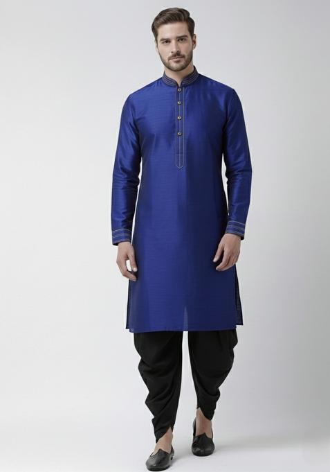 Royal Blue Embroidery Silk Kurta Set For Men