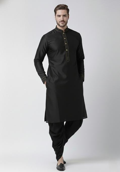 Black Embroidery Silk Blend Kurta Set For Men