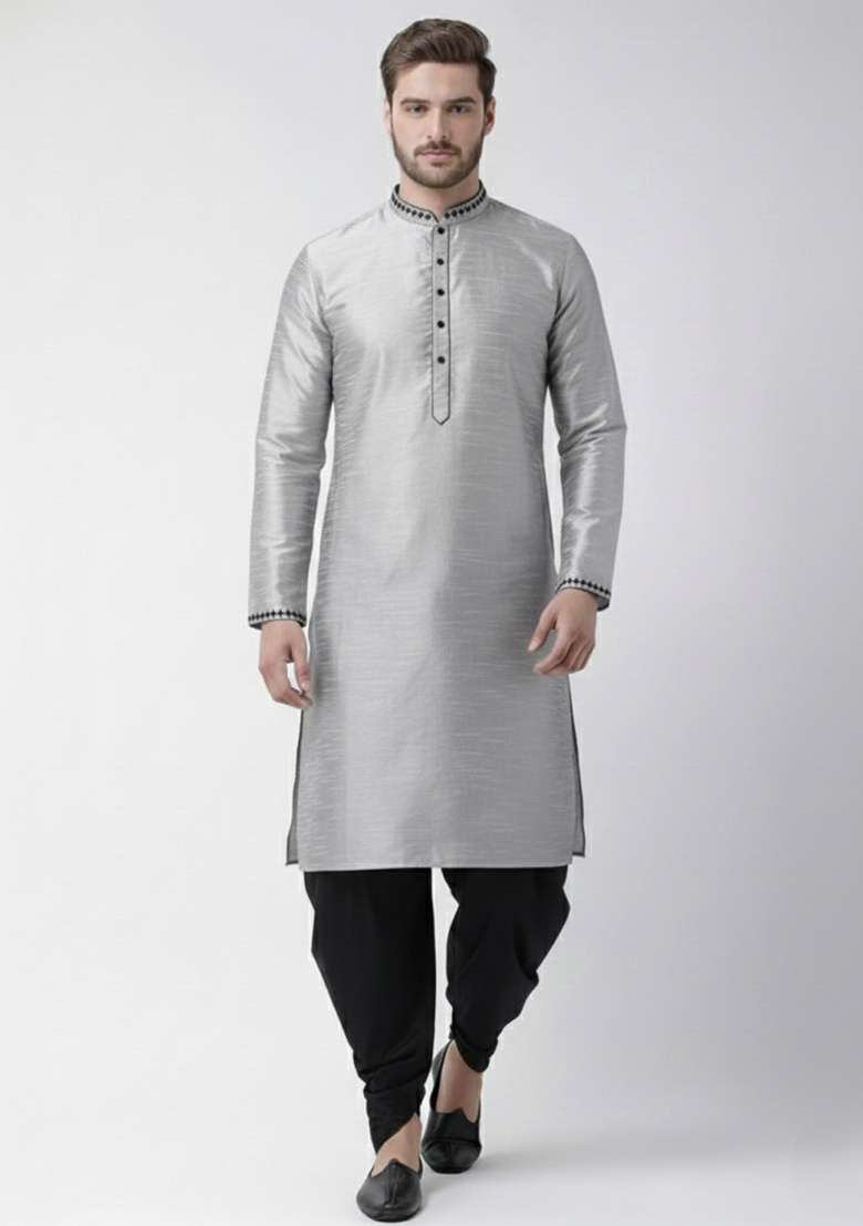Grey Embroidery Silk Blend Kurta Set For Men - Indya