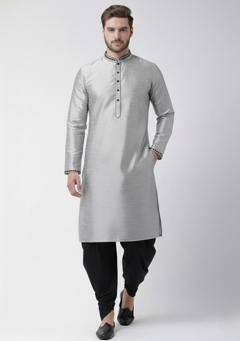 Grey Embroidery Silk Kurta Set For Men - Indya