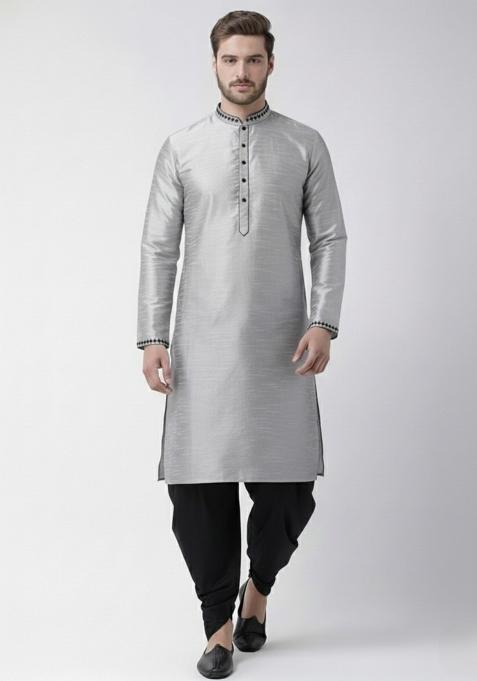 Grey Embroidery Silk Kurta Set For Men