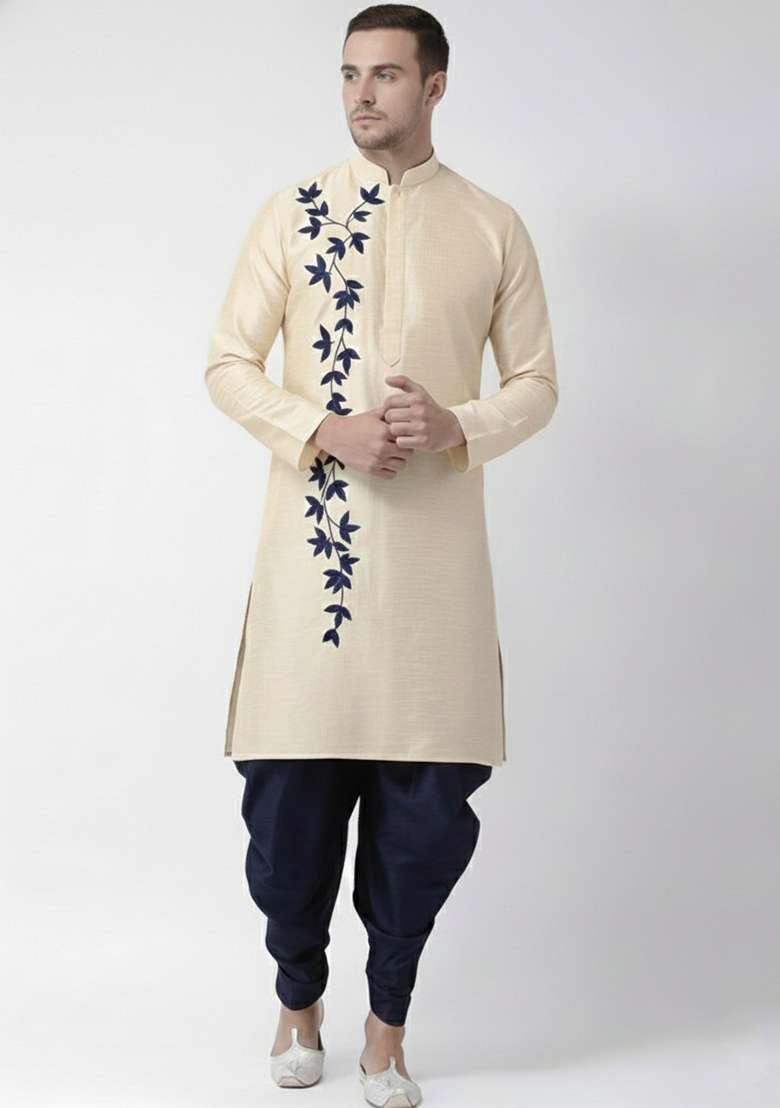 Light Golden Embroidery Silk Blend Kurta Set For Men - Indya