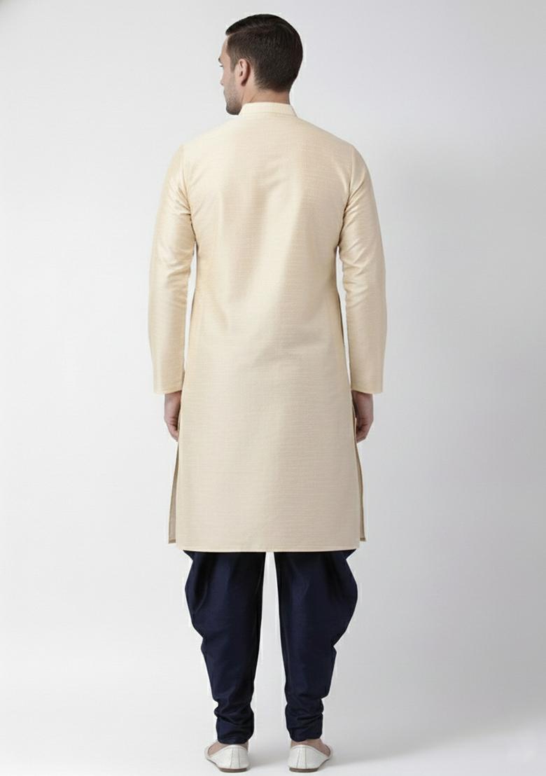 Light Golden Embroidery Silk Kurta Set For Men - Indya