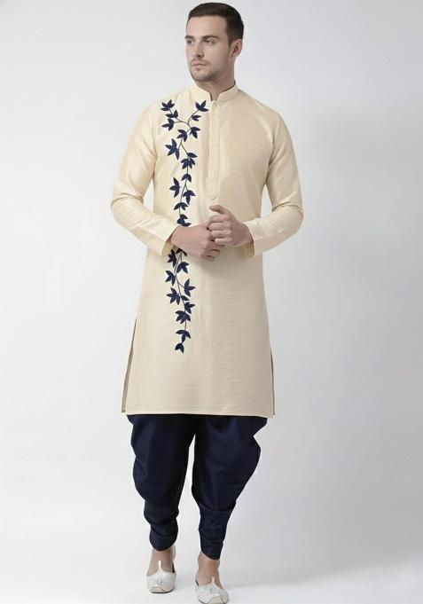 Light Golden Embroidery Silk Kurta Set For Men