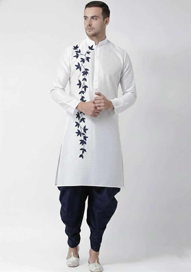 White Embroidery Silk Blend Kurta Set For Men - Indya