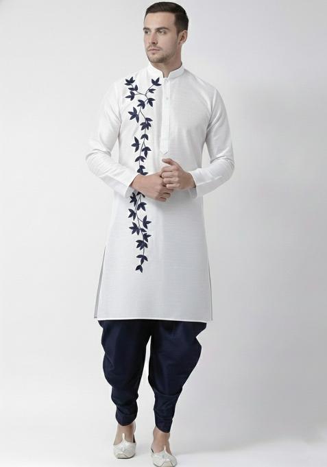 White Embroidery Silk Kurta Set For Men