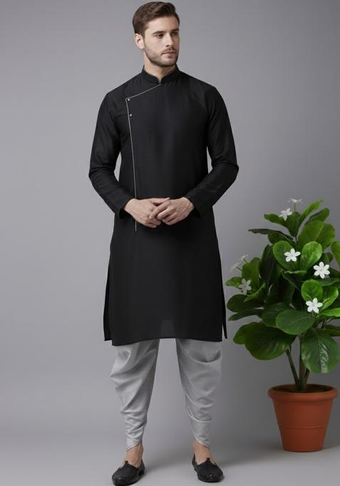 Black Embroidery Silk Blend Kurta Set For Men