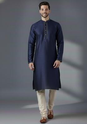 Navy Blue Solid Silk Kurta Set For Men