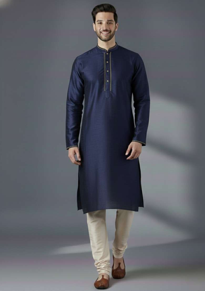 Navy Blue Solid Silk Blend Kurta Set For Men - Indya