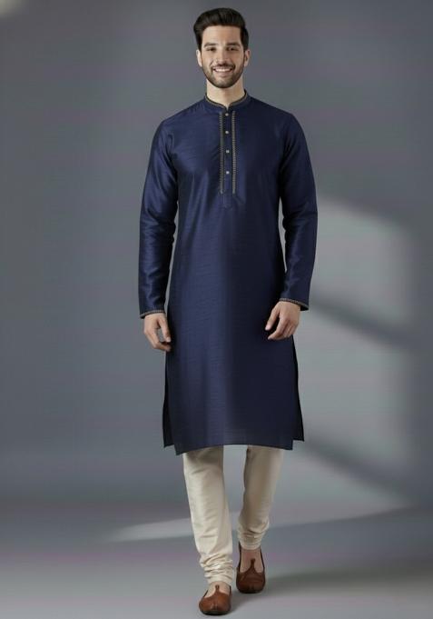 Navy Blue Solid Silk Kurta Set For Men