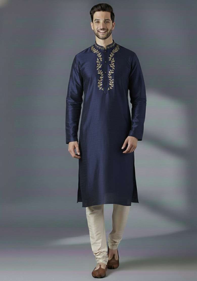 Navy Blue Embroidery Silk Blend Kurta Set For Men - Indya