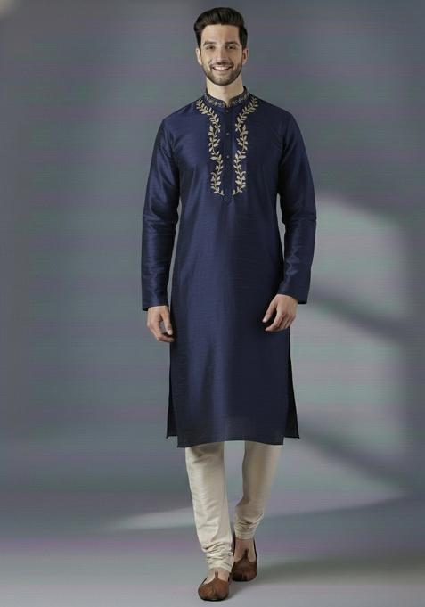 Navy Blue Embroidery Silk Kurta Set For Men