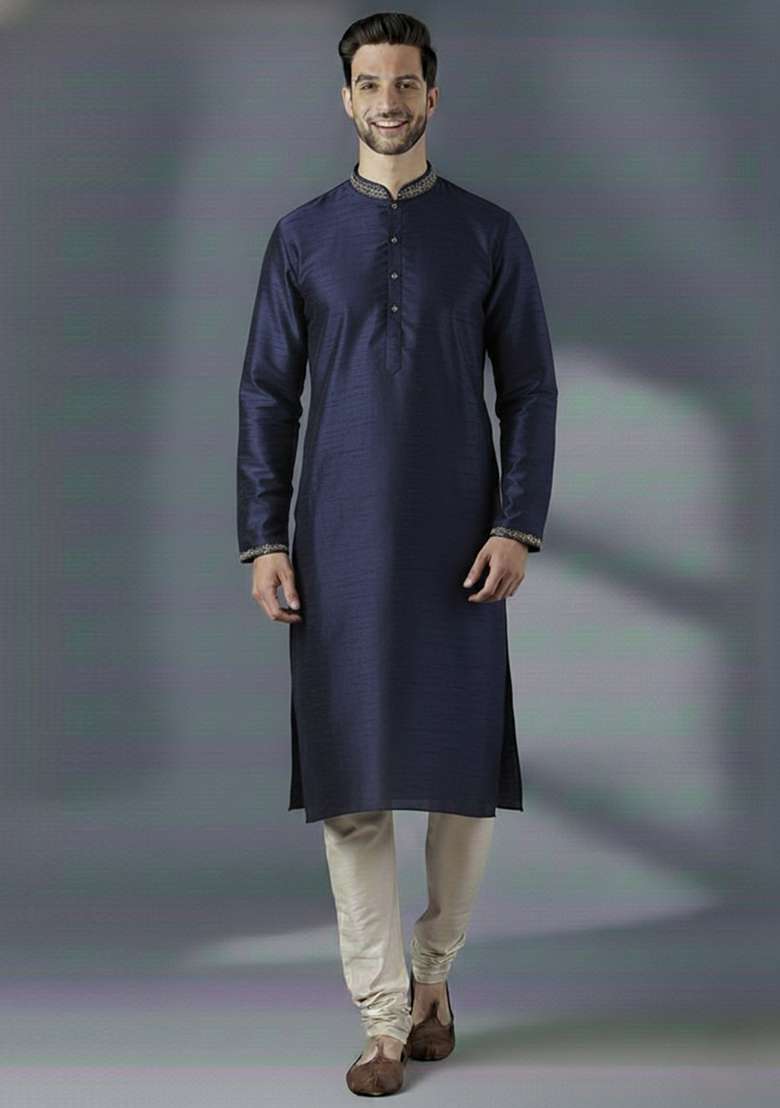 Navy Blue Embroidery Silk Blend Kurta Set For Men - Indya