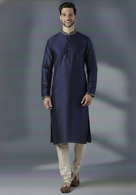 Navy Blue Embroidery Silk Kurta Set For Men